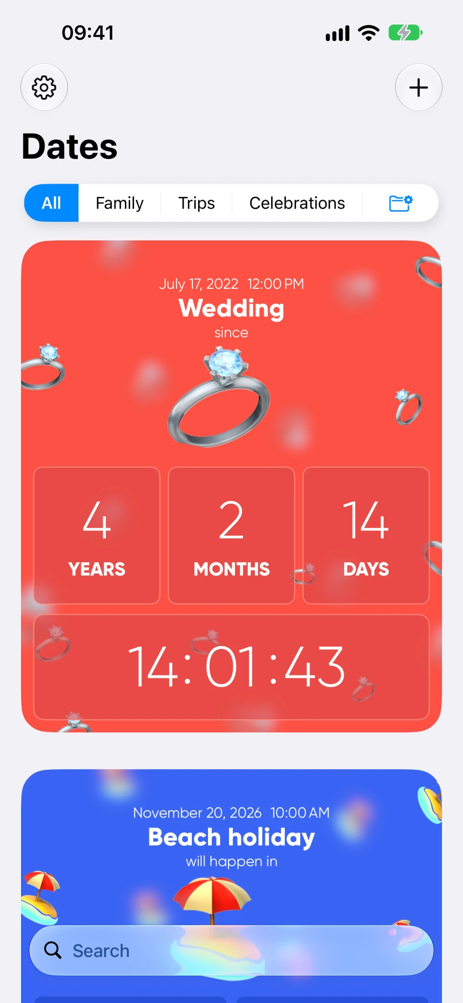 Important Dates event list with colorful cards and precise time counters